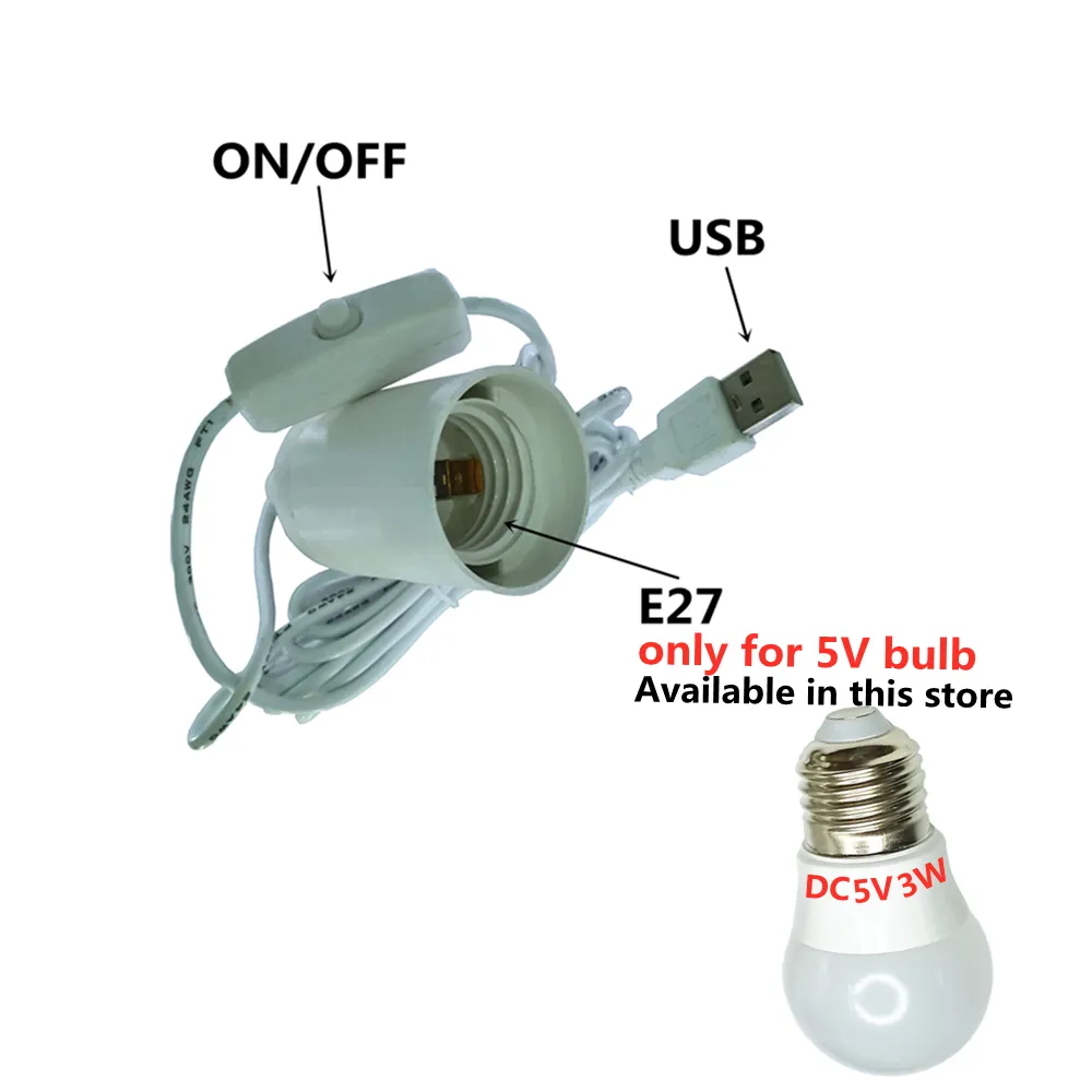 USB E27 lamba tutucu USB'yi E27 lamba tutucuya çevirin USB kablosu E27 ampul USB gücü kullanır